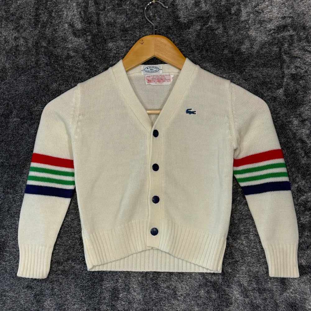 Vintage 70s Izod Lacoste Kids Cardigan Sweater Cream Stripes Croc Size 5 Preppy